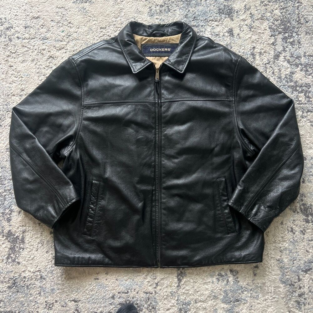 DOCKERS Men's Black Soft Leather Jacket 100% Cow Leather Full-Zip -Size 2XLT